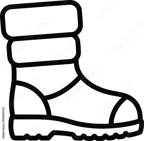 A simple black and white line art illustration of a warm winter boot designed for cold weather