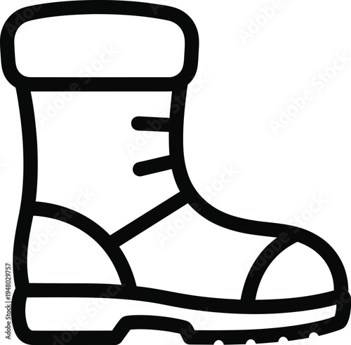 A black and white line art illustration of a heavy duty winter boot designed for cold weather use