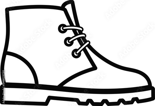 A simple black and white line art illustration of a rugged leather ankle boot for outdoor wear