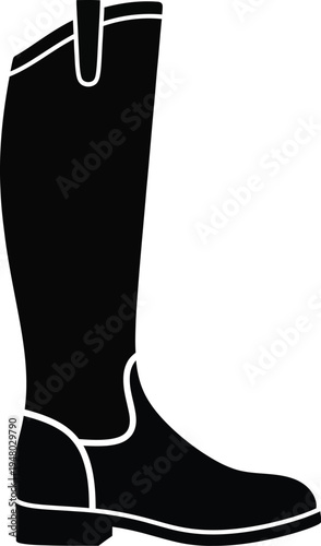 A black silhouette of a tall equestrian riding boot designed with a classic flat heel and pull tab