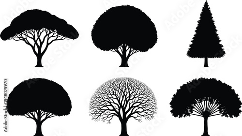 Black tree silhouette collection with diverse deciduous and coniferous shapes isolated on white background for nature landscaping graphic design projects and environment illustrations.