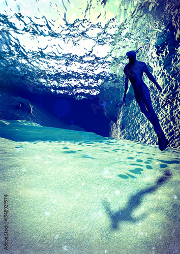 Silhouette of a man underwater, immersed in crystal clear and transparent waters. 3d rendering