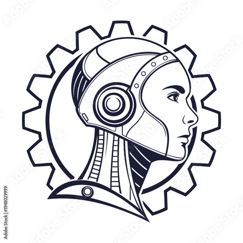 Vector illustration of woman's head in robotic helmet with gear