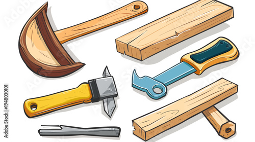 Colorful illustrated cartoon style tools and wooden planks arranged on white background