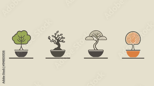 Four stylized bonsai trees in different designs, with variations in leaf, trunk, and pot colors