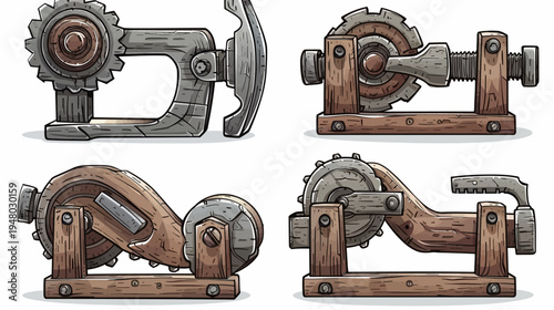 Four illustrations of stylized mechanical contraptions, possibly gears or tools, rendered in a cartoon style