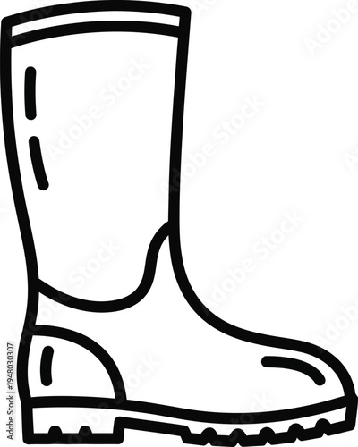 A simple black and white line art illustration of a tall rubber boot for gardening or rainy days