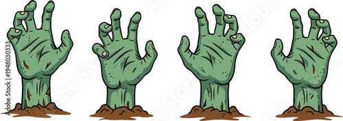 Set of four green zombie hands rising from the ground in various poses for Halloween spooky graveyard decoration vector illustration isolated on white background
