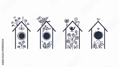 Four stylized birdhouse illustrations in a row, featuring floral and bird motifs in black on white