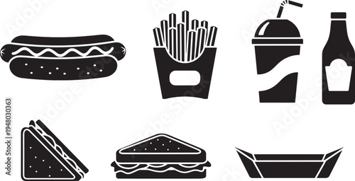 Black and white fast food hot dog french fries soda