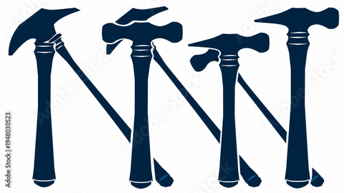 Four dark navy blue hammer silhouettes arranged against a white backdrop. Angled shadows