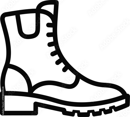 A detailed black and white line art vector icon representing a sturdy classic leather work boot