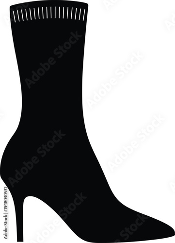 A silhouette illustration of a modern high heel sock boot with a sleek and form fitting design