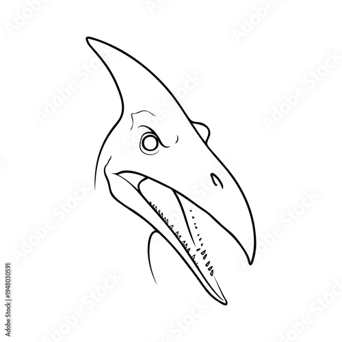 Dibujo sencillo con líneas de la cabeza de un dinosaurio tipo pterodáctilo enojado, con la boca abierta enseñando los dientes