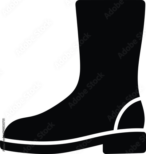 A black silhouette of a sturdy mid-calf rain boot featuring a flat heel and a rounded toe design