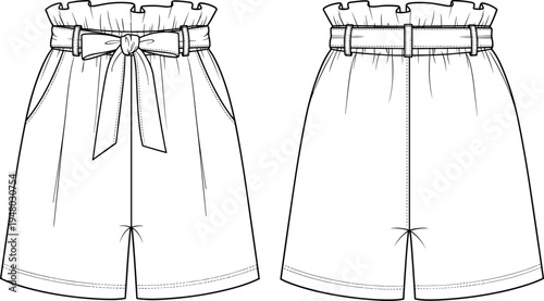 Fashion technical sketch of high waisted paperbag shorts, featuring belt loops, self tie bow, and side pockets, cad drawing flat vector illustration