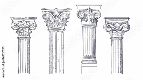Line drawing of four classical columns, showcasing different architectural styles and designs