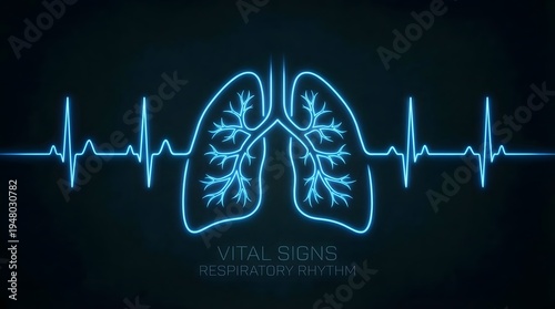 Neon blue human lungs with an ECG heartbeat line and vital signs text on a dark background, representing respiratory rhythm and health.