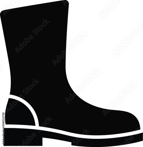 A black silhouette of a sturdy work boot featuring a thick sole and a high protective ankle shaft