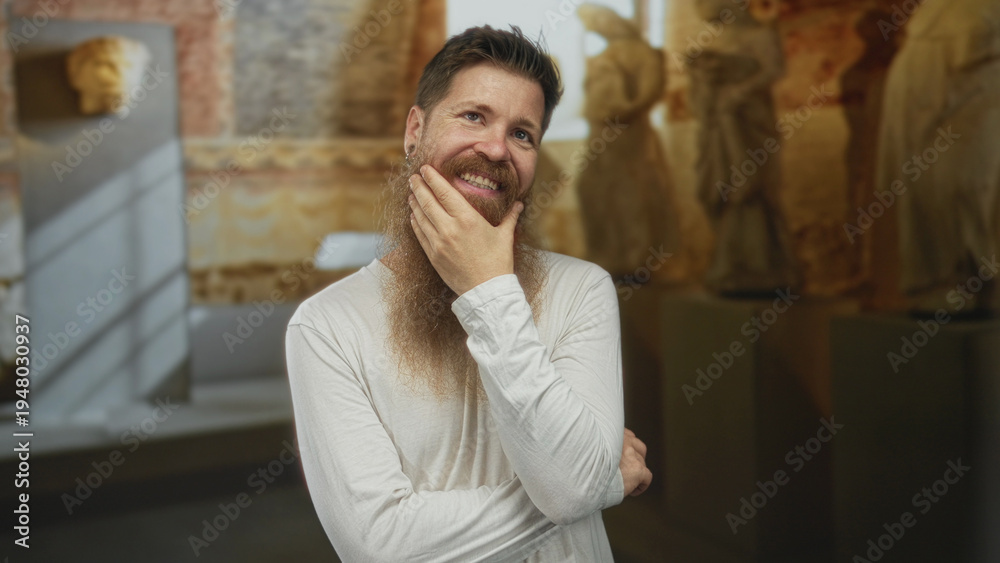 Obraz premium Bearded man with earrings touches his chin in a museum building among ancient marble statues under soft lighting; contemplation.