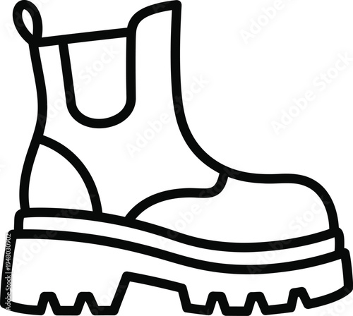 A simple black and white line art illustration of a stylish chelsea boot with a thick lug sole