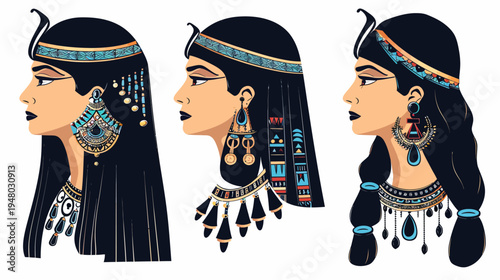 Three stylized portraits of ancient Egyptian women in profile, showcasing elaborate jewelry