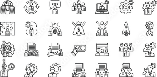 Business startup outline icons set teamwork funding growth collection illustration