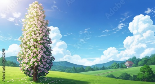 Single blooming bush anime style off-center composition metaphor for unique path and standing out, copy space