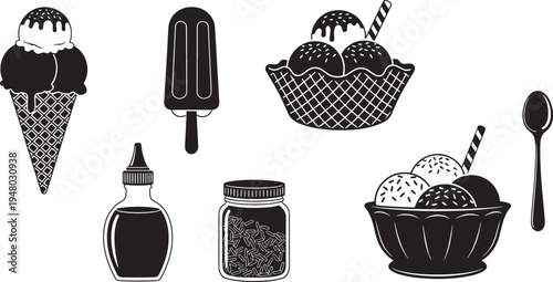 Black and white of ice cream cones scoops popsicle toppings bowl spoon