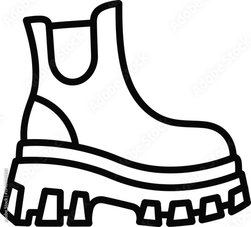 A simple black and white line art illustration of a stylish chelsea boot with a thick lug sole