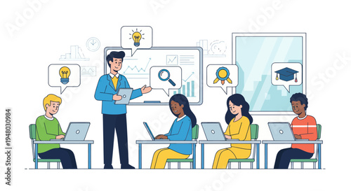 Diverse students learning with laptops in modern classroom, teacher explaining