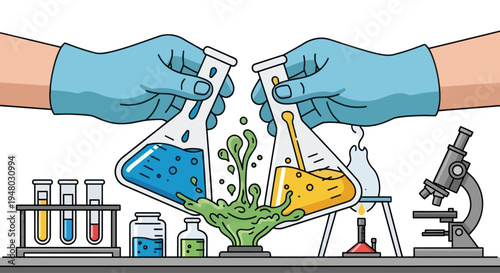 Hands in gloves mixing chemicals in flasks, bubbling reaction, science lab equipment