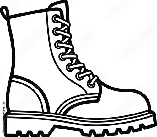 A classic black and white line art illustration of a rugged leather lace up combat style boot