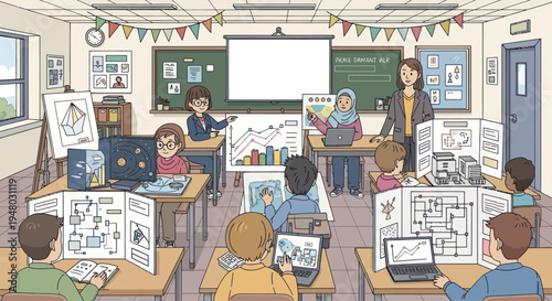 Diverse students learning STEM and art in a modern classroom with teacher