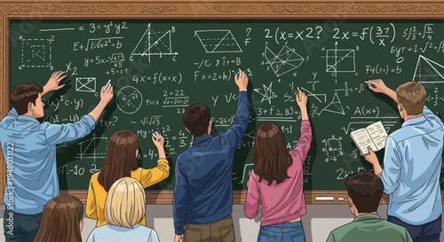 Students solving complex math problems on a chalkboard in a classroom, learning geometry