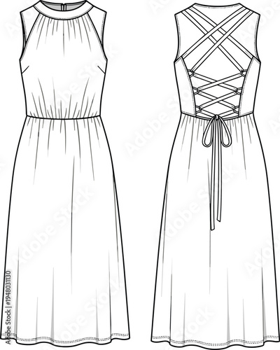 Fashion technical sketch of a sleeveless midi dress, featuring a lace-up back design, high neckline, and elasticated waist, cad drawing flat vector illustration