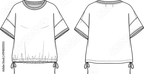 Fashion technical sketch of oversized short sleeve t-shirt, featuring drop shoulders, ribbed neckline, and drawstring hem, cad drawing flat vector illustration