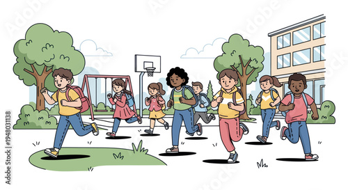 Diverse group of children running happily on schoolyard, carrying backpacks