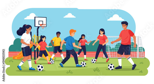 Diverse Kids Playing Soccer and Basketball on Outdoor Court