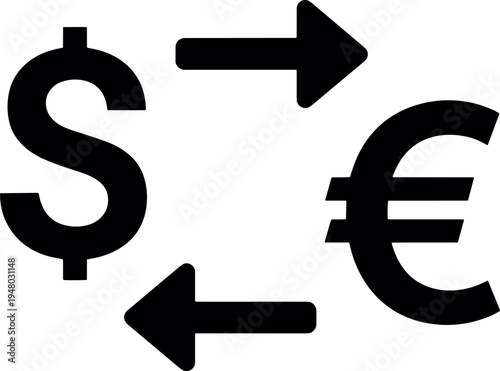 Currency Exchange Icon with Dollar and Euro Symbols in Black on White Background