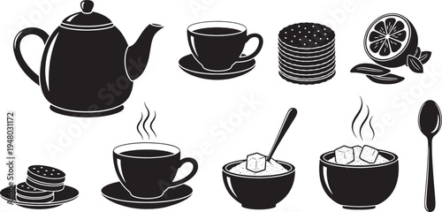 Black and white of tea and coffee with cookies and sugar teapot