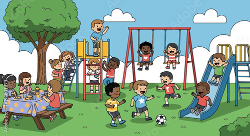 Diverse group of children playing and having fun on a sunny day at a playground.