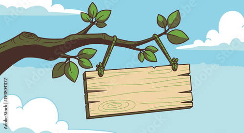 Blank wooden sign hanging from tree branch with green leaves