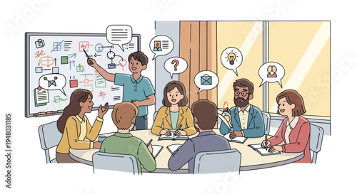 Diverse team brainstorming ideas around a table with whiteboard presentation