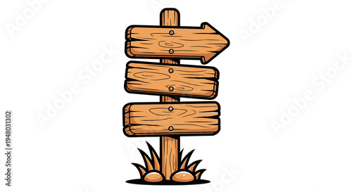 Cartoon wooden signpost with blank direction arrow and planks