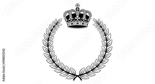 Classic royal crown and laurel wreath emblem black and white
