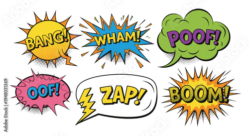 Colorful comic book action words speech bubbles set