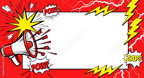 Comic pop art background with megaphone and lightning bolts
