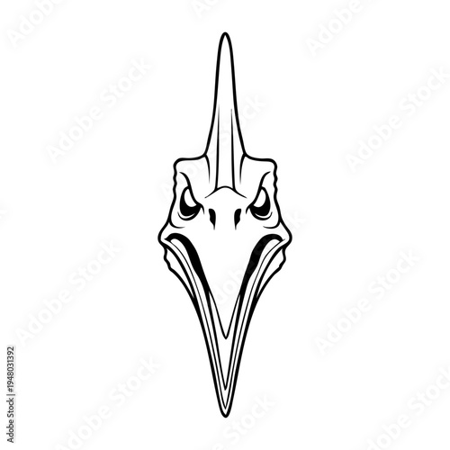 Dibujo sencillo con líneas de la cabeza de un dinosaurio tipo pterodáctilo enojado, con la boca abierta enseñando los dientes