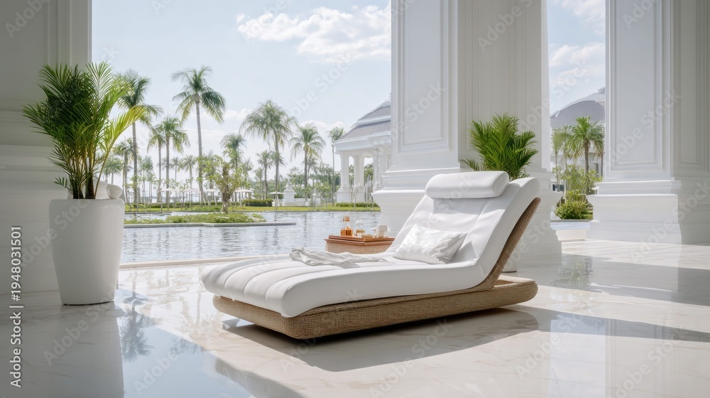 Naklejka premium Luxury white chaise lounge with tropical resort pool and palm trees view
